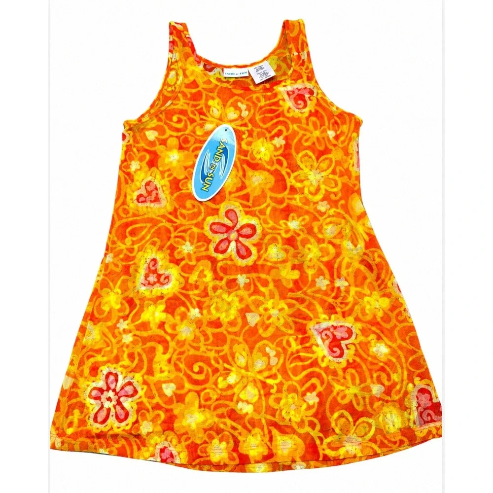 Sand N Sun Girls Orange Floral Mesh Swim Cover‎ Up Dress Size L 10/12 NWT Y2K